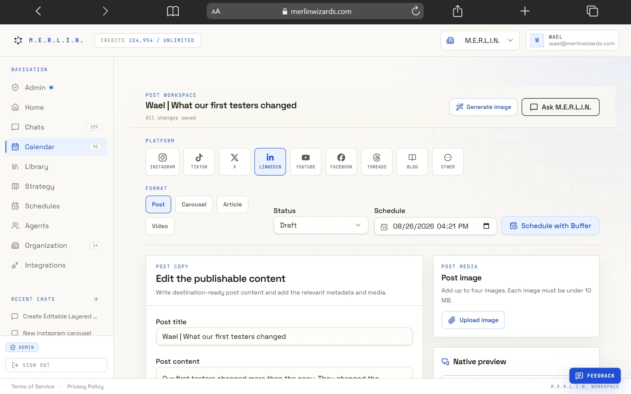 M.E.R.L.I.N. product preview: the post editor workspace for creating platform content